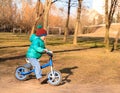 Little boy riding runbike in autumn park Royalty Free Stock Photo
