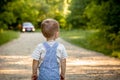 A little boy on a road in the forest. Danger on the road. The child is in danger on the road