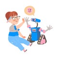 Little Boy and Robot Giving High Five Expressing Friendly Emotion as Robotics Programming Vector Illustration