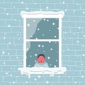 Little boy in the room is surprised, looking at the snow. Window on a brick wall on a snowy day. View from the street side Royalty Free Stock Photo
