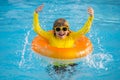 Little boy with rubber ring in swimming pool. Summertime fun. Little kid swimming in pool. Kid in swimming pool. Kid Royalty Free Stock Photo