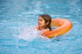 Little boy with rubber ring in swimming pool. Summertime fun. Little kid swimming in pool. Kid in swimming pool. Kid Royalty Free Stock Photo