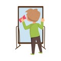 Little Boy Rubbing Glass Mirror with Sponge Vector Illustration