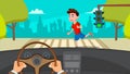 Little Boy Runing Across The Road In Front Of The Car A Frightened Driver Vector. Isolated Illustration
