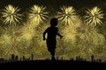 Little boy running towards golden fireworks