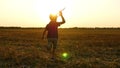 A little boy runs across the field against the sunset, holding a plane in his hand. The child experiences emotions