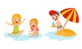 Little Boy Sailing Toy Boats and Girls Splashing in Water Vector Illustration Set Royalty Free Stock Photo