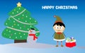 Little boy with Santa sack and snowman on Christmas Royalty Free Stock Photo