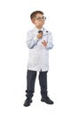 Little boy scientist in eyeglasses and lab coat holding test tube on white background