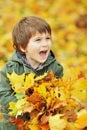 Little boy screaming while holding leaves in the park