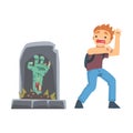 Little Boy Screaming Imagining Zombie Hand Appearing from Tomb as Childhood Fear Vector Illustration