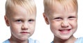 Little boy with a serious and smiling face close-up. Cute blond 3 years old.  on white background. Set, collage. Panorama Royalty Free Stock Photo