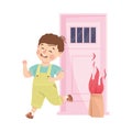 Little Boy Setting Fire to Paper Package Run Away Having Bad Behavior Vector Illustration