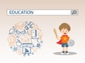 A little boy with shield sword and education search engine bar