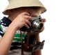 Little boy shooting on the vintage photo camera Royalty Free Stock Photo