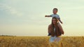 Little boy on shoulders of mom walking in field