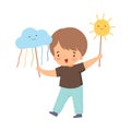 Little Boy Showing Handcrafted Paper Cloud and Sun Vector Illustration