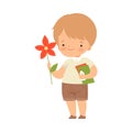 Little Boy Showing Handcrafted Paper Flower Vector Illustration