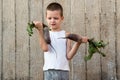 The little boy shows off a beet that he helped grow his mother in the garden. The concept of environmentally friendly rural settle