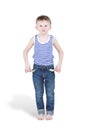 Little boy shows turned out empty pockets Royalty Free Stock Photo