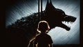 Little boy silhouette afraid big terrible dog growls and grimaces, stray dog attacks lost child