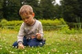 A little boy sits in a meadow and studies flowers with interest. Informative walk. Cute Child Discovering Flowers. Royalty Free Stock Photo