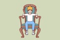 Little boy sits on throne with crown on head dreaming of growing up to be prince or king