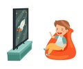 Little Boy Sitting in Armchair Watching Cartoon Film on TV Vector Illustration