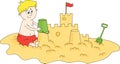 A little boy is sitting on the beach and making a sandcastle. Cartoon style. Royalty Free Stock Photo