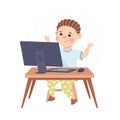 Little Boy Sitting at Computer and Coding Programming and Engineering Smart Technology and Artificial Intelligence Royalty Free Stock Photo