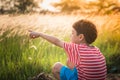 Little boy sitting with golden grasses field sunset time