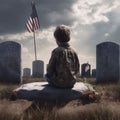 Little boy sitting on a gravestone with american flag in the background Royalty Free Stock Photo