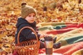 Little boy is sitting on the ground in the autumn forest