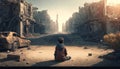 Little boy sitting on the ground and looking at the ruins of a destroyed city. Generative AI Royalty Free Stock Photo