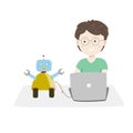 Little boy sitting at his desk and coding with her computer making and programming cute robot. Vector illustration.