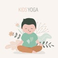 Little boy sitting in lotus position. Cute child practicing yoga. Kid stretches and meditates in pose Royalty Free Stock Photo