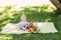 Little boy sitting on a mat having a picnic Royalty Free Stock Photo