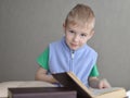 Little boy sitting on sofa with book