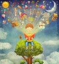 Little boy sitting on the tree and reading book, objects flyi