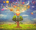 Little boy sitting on the tree and reading a book Royalty Free Stock Photo