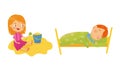 Little Boy Sleeping in Bed and Girl Playing in Sandbox Vector Set