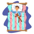 Little boy sleeping in her bed with teddy bear. Kid`s activity.