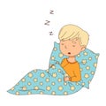 Little Boy Sleeping Sweetly on Soft Pillow Under Blanket in His Bed Vector Illustration Royalty Free Stock Photo