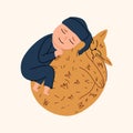 The little boy sleeps next to the cat. The child spends time with his pet. Vector illustration in flat style Royalty Free Stock Photo