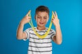 Little boy with slime on background Royalty Free Stock Photo