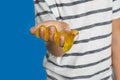 Little boy with slime on blue, closeup Royalty Free Stock Photo