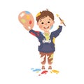 Little Boy Smeared in Paints Holding Artist Brush Vector Illustration Royalty Free Stock Photo