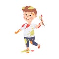 Little Boy Smeared in Paints Holding Artist Brush Vector Illustration Royalty Free Stock Photo