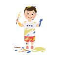 Little Boy Smeared in Paints Holding Artist Brush Vector Illustration Royalty Free Stock Photo