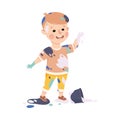 Little Boy Smeared in Paints Near Overturned Bucket Vector Illustration